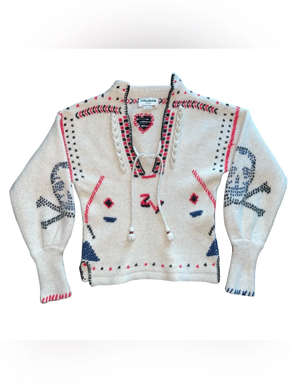 Zadig & Voltaire Amanda Jumper Sz S Embroidered Cashmere Merino Wool Aztec Skull